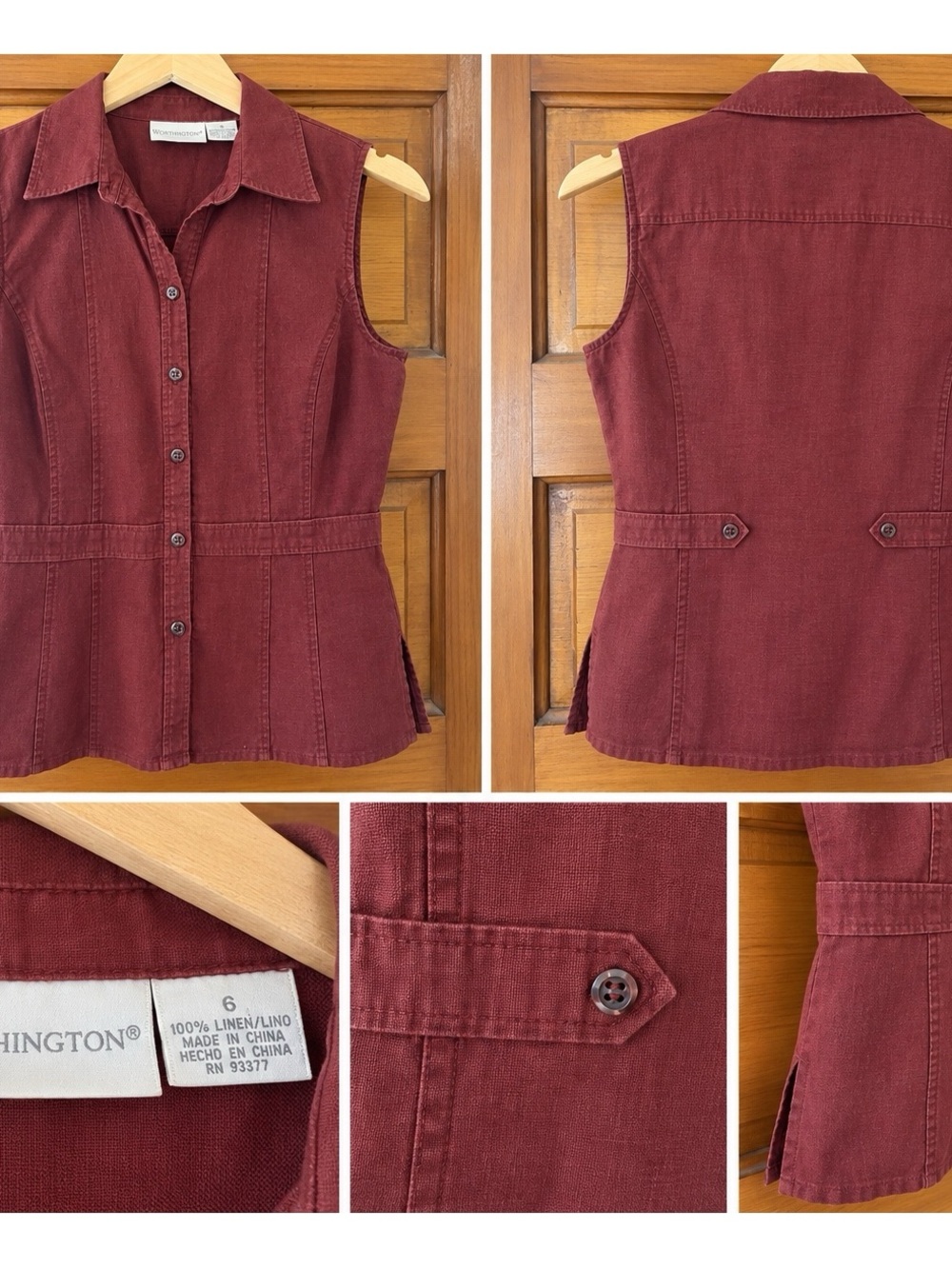 Worthington 100% Linen Sleeveless Button Front Top Burgundy Size 6